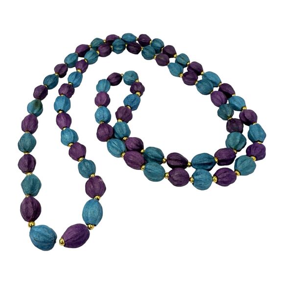 Purple & Teal Dyed Seed Beaded Long Layering Necklace 32" Chain Jewelry - Picture 5 of 11